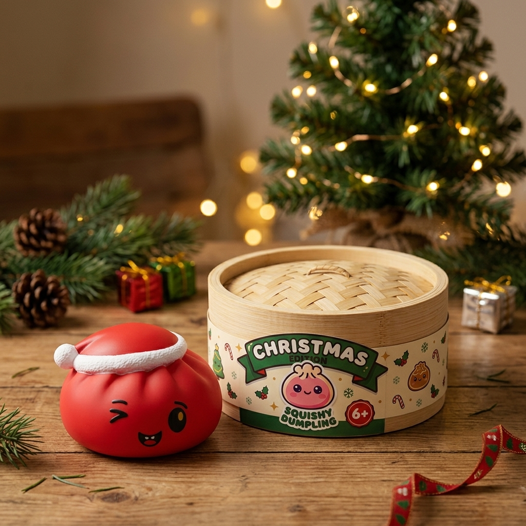 Red Christmas Hat Dumpling Squishy in its kawaii setting