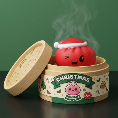 Red Christmas Hat Dumpling Squishy in its bamboo steamer box