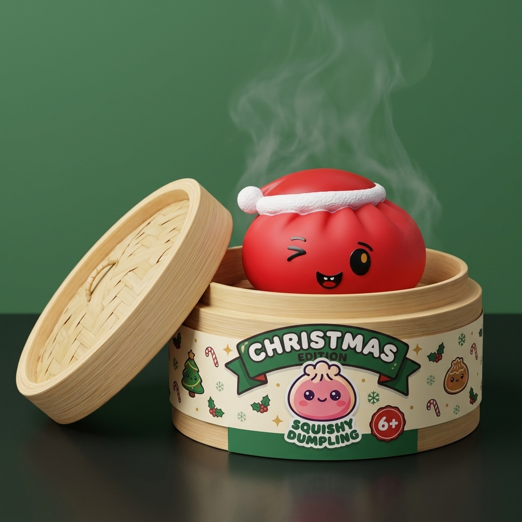 Red Christmas Hat Dumpling Squishy in its bamboo steamer box