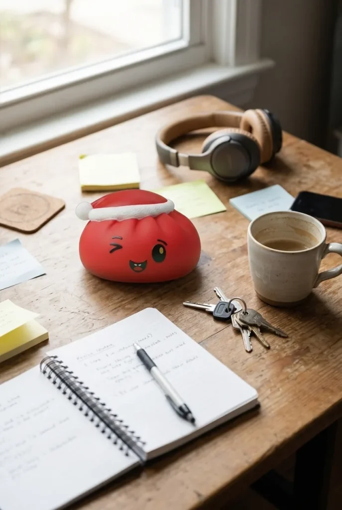 Red Christmas Hat Dumpling Squishy on the desk