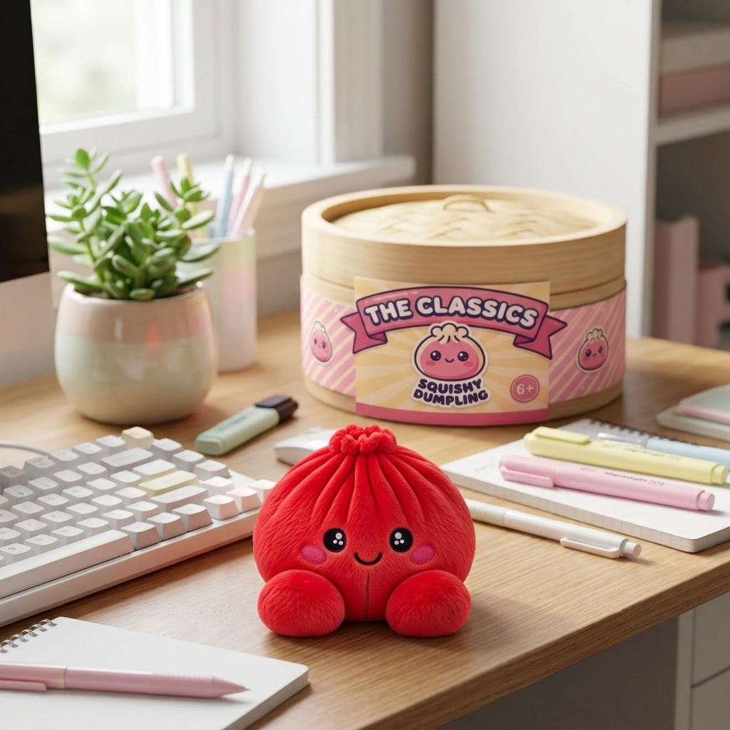 Ruby Red Dumpling Squishy Plush in its kawaii setting