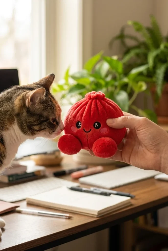 Ruby Red Dumpling Squishy Plush with a plush friend