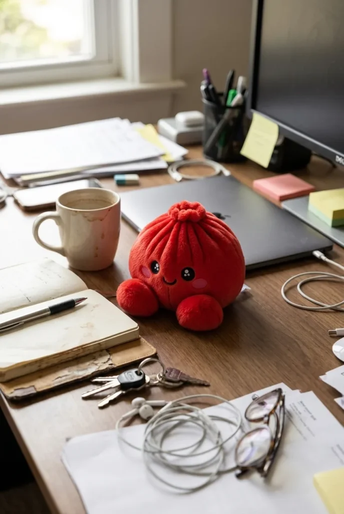Ruby Red Dumpling Squishy Plush on the desk