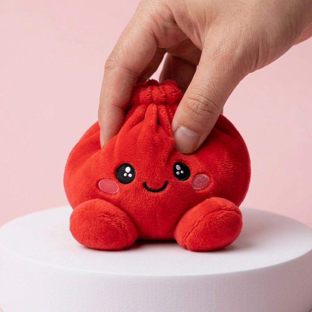 Ruby Red Dumpling Squishy Plush being squeezed, soft slow-rise foam