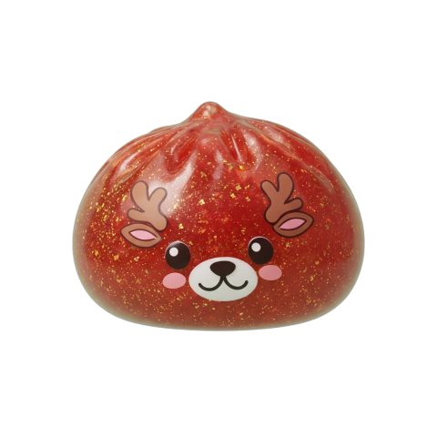 Red Reindeer Glitter Dumpling Squishy being squeezed, soft slow-rise foam