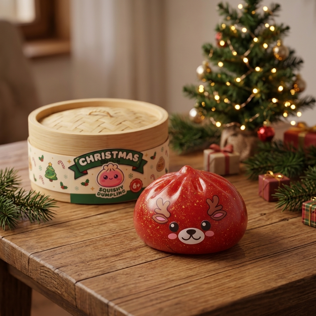 Red Reindeer Glitter Dumpling Squishy in its kawaii setting
