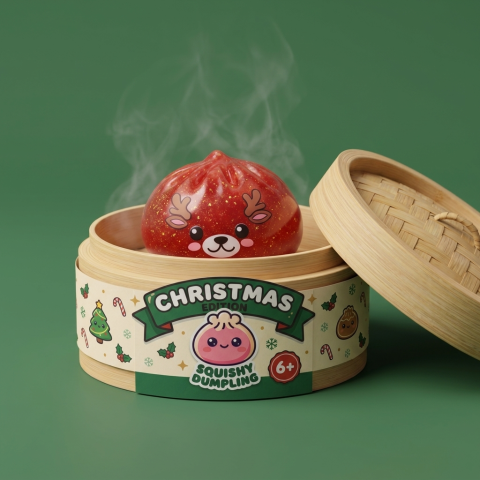 Red Reindeer Glitter Dumpling Squishy in its bamboo steamer box