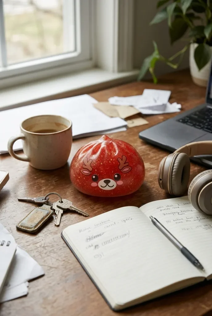 Red Reindeer Glitter Dumpling Squishy on the desk