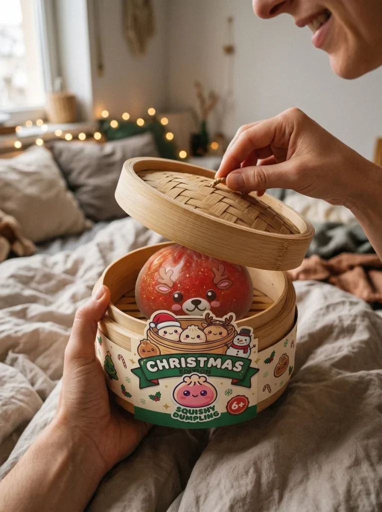 Red Reindeer Glitter Dumpling Squishy unboxing moment