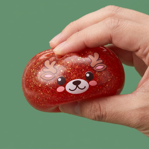 Red Reindeer Glitter Dumpling Squishy being squeezed, soft slow-rise foam