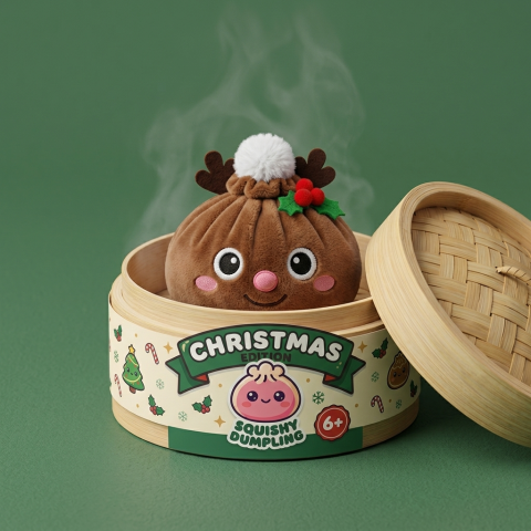 Reindeer Christmas Dumpling Squishy in its bamboo steamer box