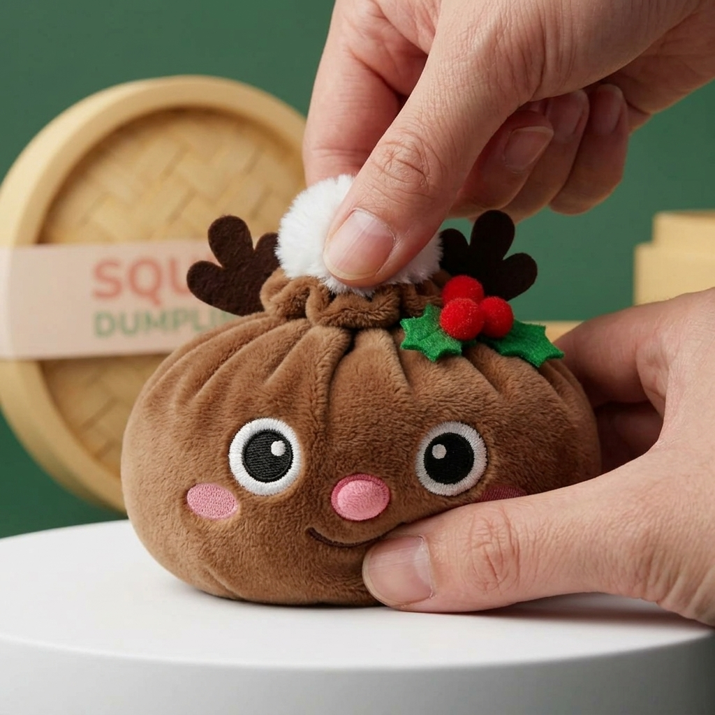 Reindeer Christmas Dumpling Squishy being squeezed, soft slow-rise foam