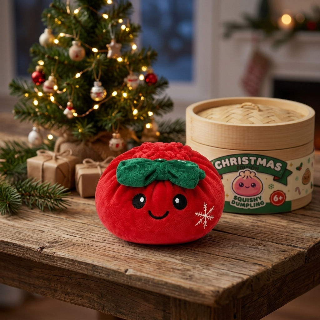 Christmas Festive Ribbon Dumpling Squishy Plush in its kawaii setting