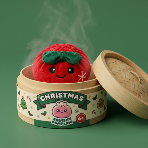Christmas Festive Ribbon Dumpling Squishy Plush in its bamboo steamer box