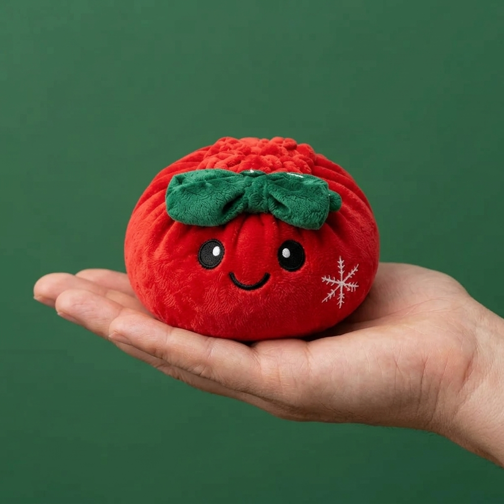 Christmas Festive Ribbon Dumpling Squishy Plush held in hand, actual size
