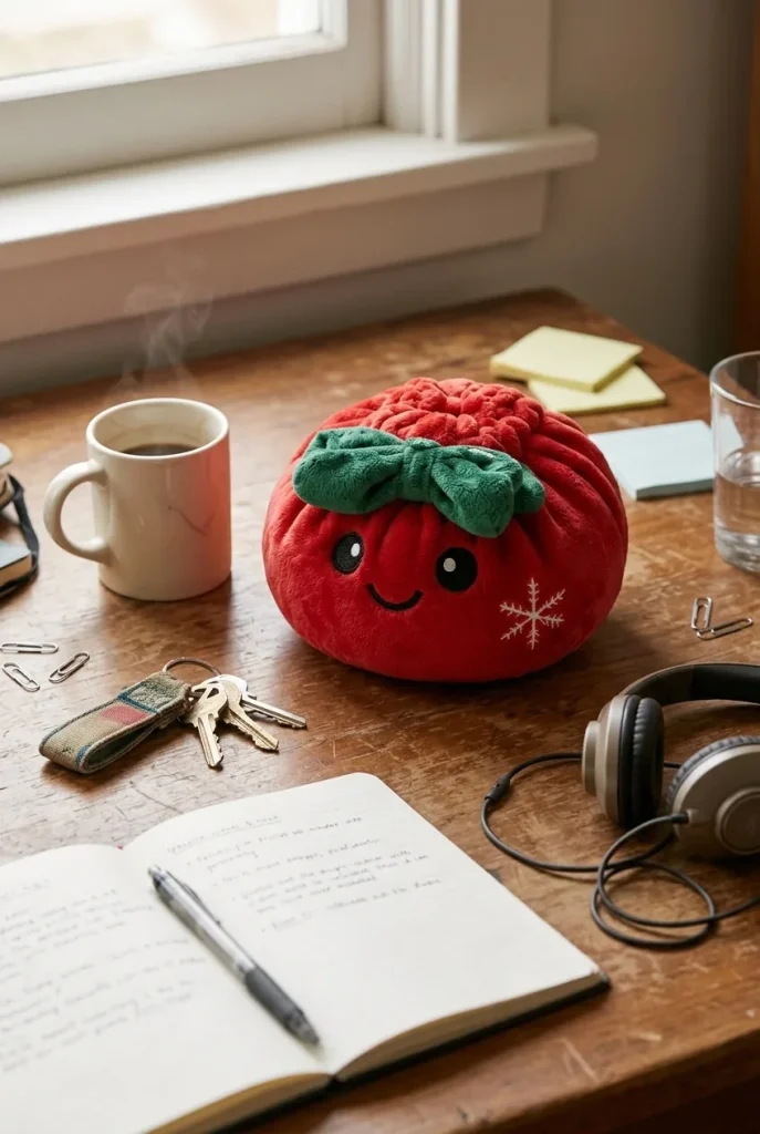 Christmas Festive Ribbon Dumpling Squishy Plush on the desk