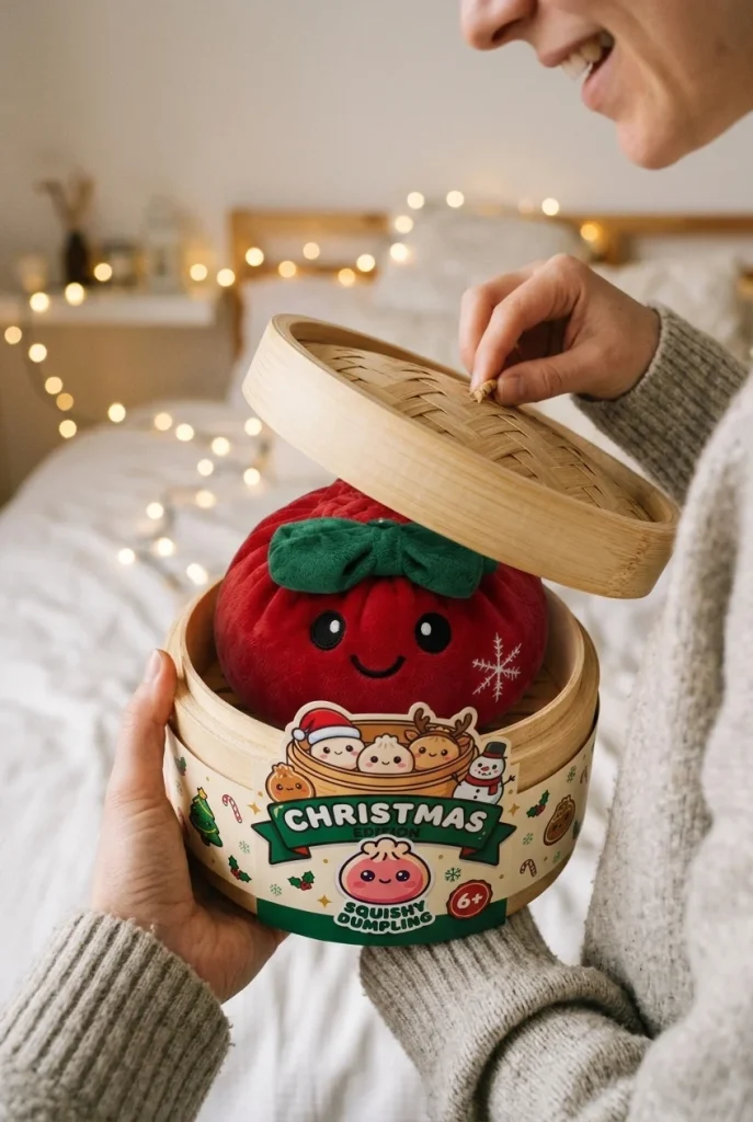 Christmas Festive Ribbon Dumpling Squishy Plush unboxing moment