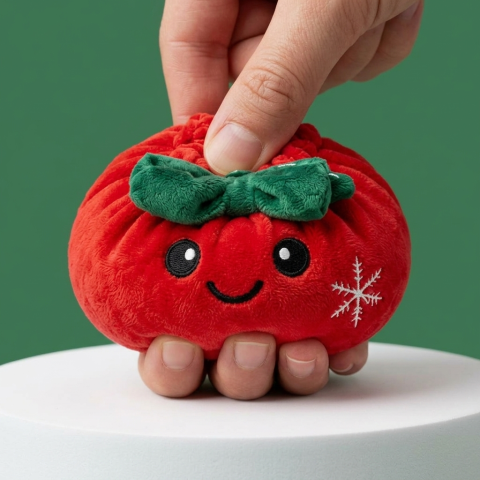 Christmas Festive Ribbon Dumpling Squishy Plush being squeezed, soft slow-rise foam