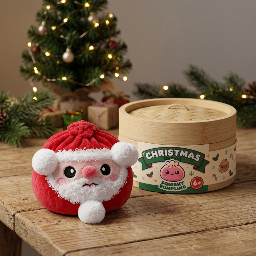 Santa Dumpling Squishy Plush in its kawaii setting