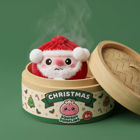 Santa Dumpling Squishy Plush in its bamboo steamer box