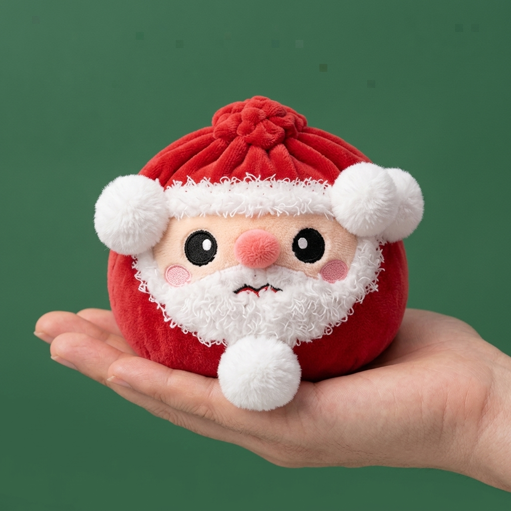 Santa Dumpling Squishy Plush held in hand, actual size