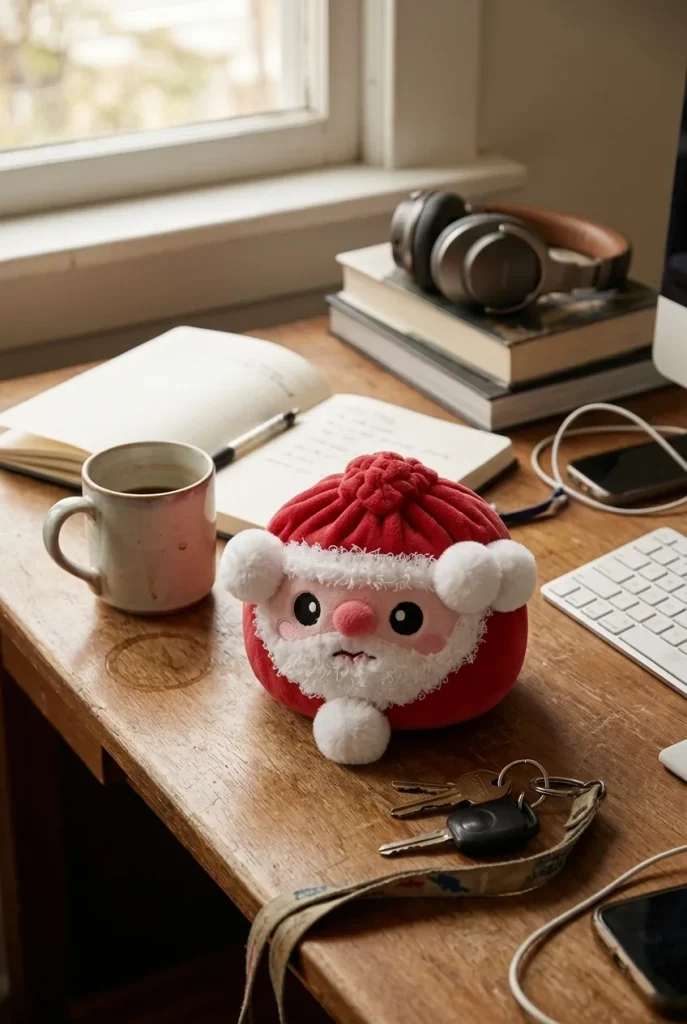 Santa Dumpling Squishy Plush on the desk
