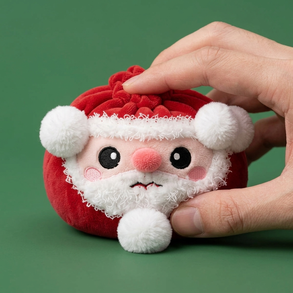 Santa Dumpling Squishy Plush being squeezed, soft slow-rise foam