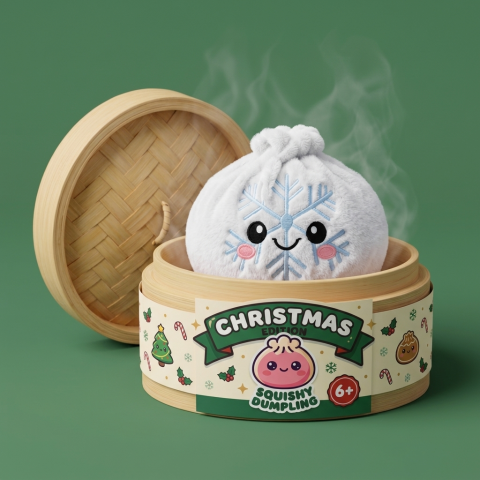 Winter Snowflake Dumpling Squishy Plush in its bamboo steamer box