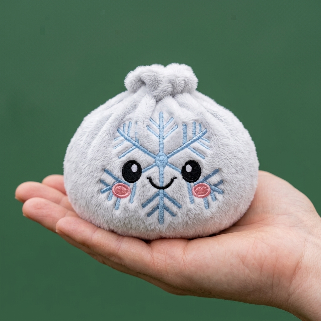 Winter Snowflake Dumpling Squishy Plush held in hand, actual size