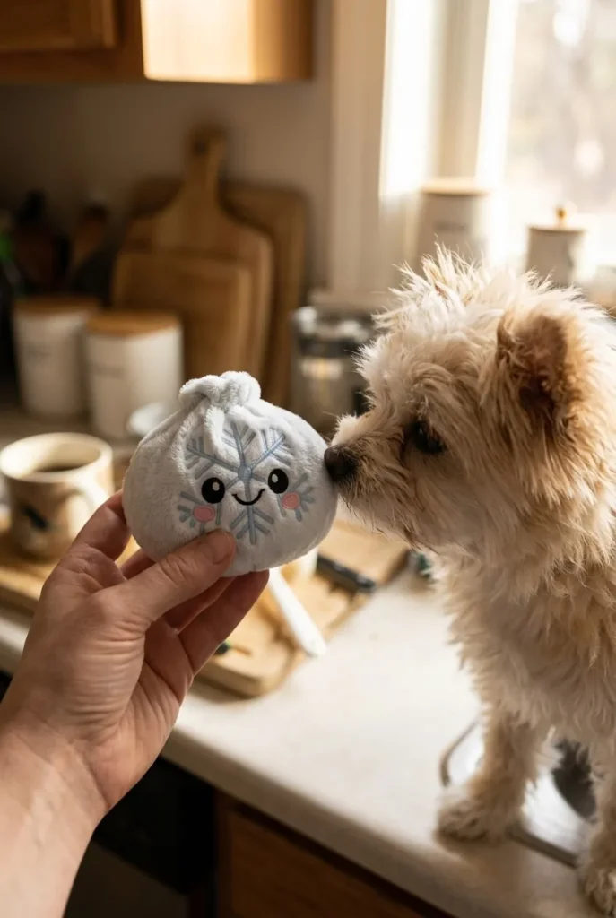 Winter Snowflake Dumpling Squishy Plush with a plush friend