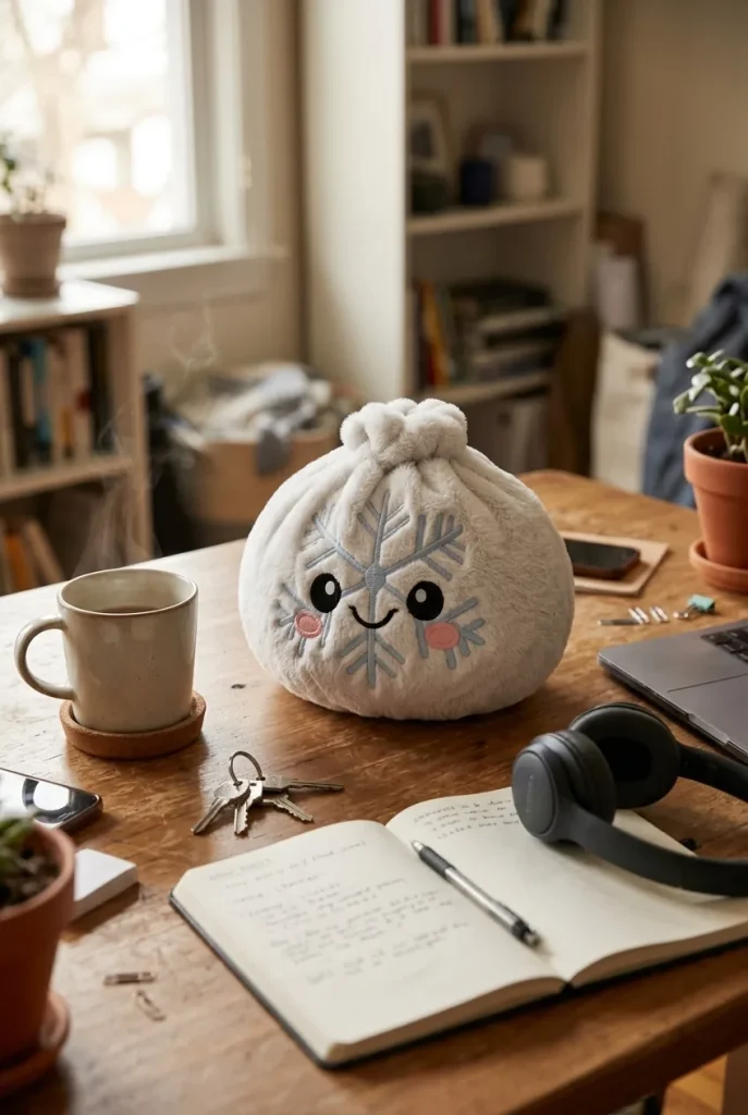 Winter Snowflake Dumpling Squishy Plush on the desk