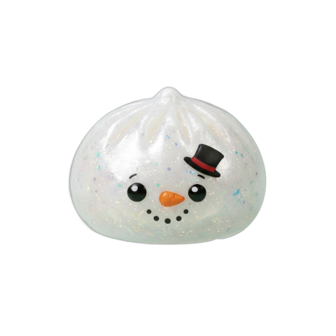 Glitter Snowman Dumpling Squishy being squeezed, soft slow-rise foam