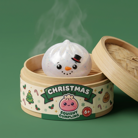 Glitter Snowman Dumpling Squishy in its bamboo steamer box