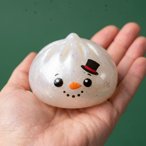 Glitter Snowman Dumpling Squishy held in hand, actual size