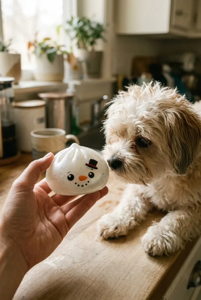 Glitter Snowman Dumpling Squishy with a plush friend