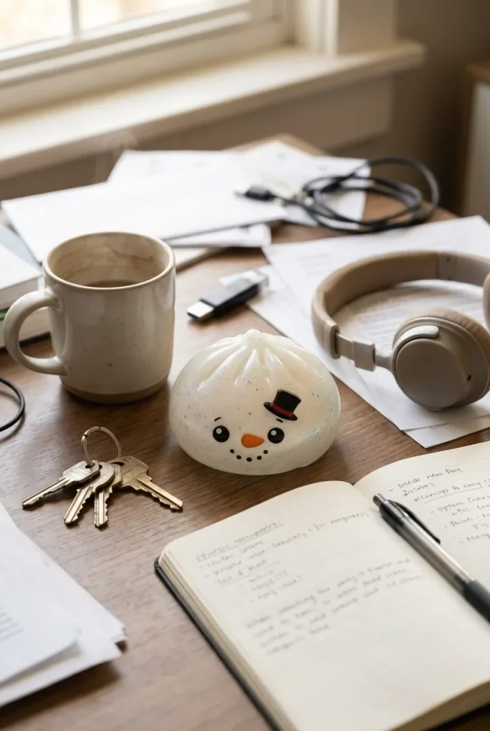 Glitter Snowman Dumpling Squishy on the desk