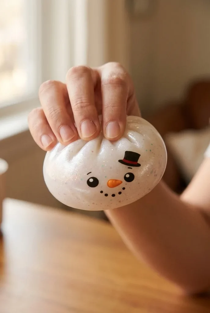 Glitter Snowman Dumpling Squishy mid-squish