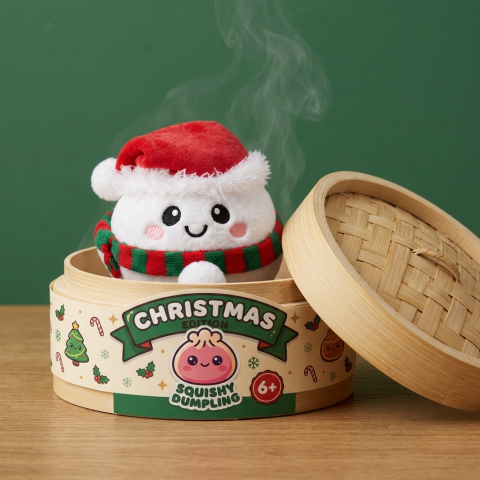 Snowman Dumpling Squishy Plush in its bamboo steamer box