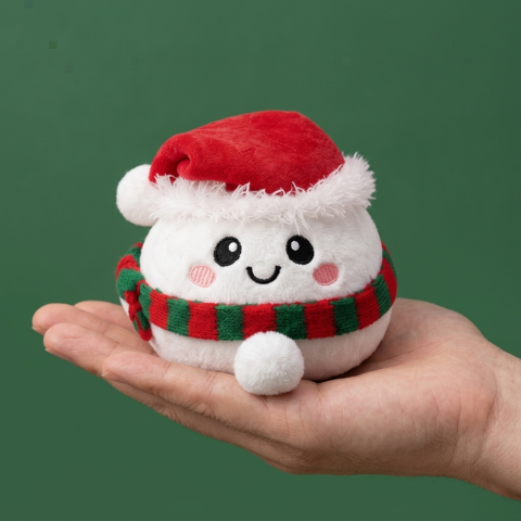 Snowman Dumpling Squishy Plush held in hand, actual size