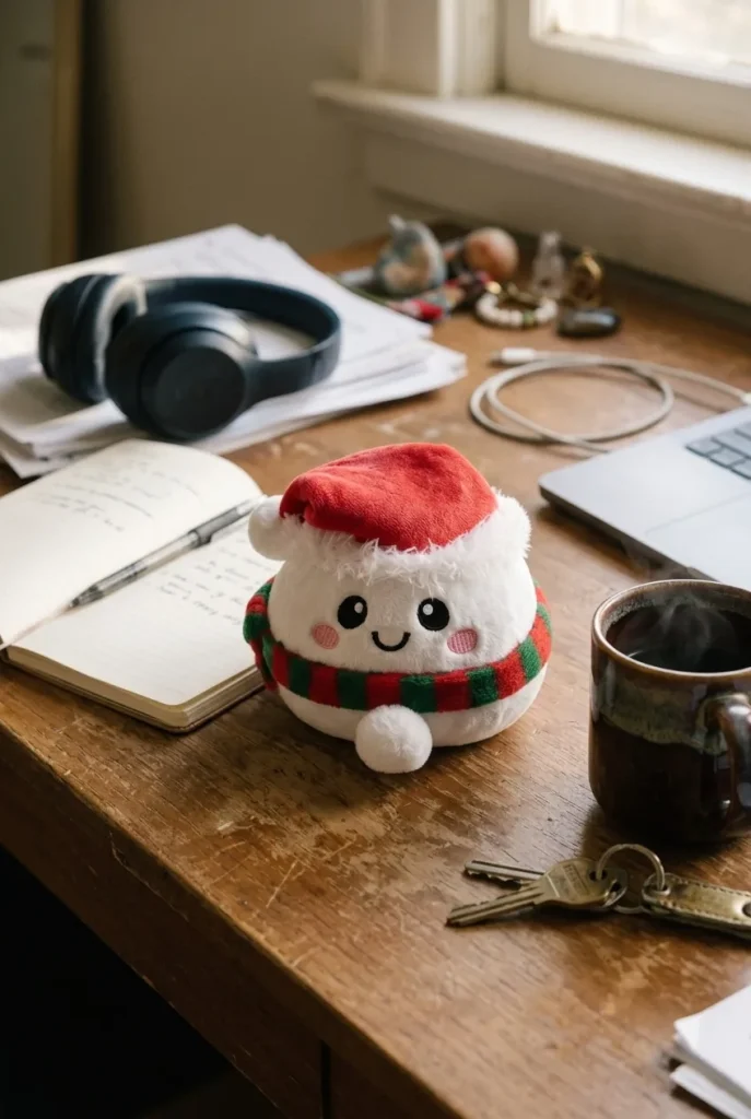 Snowman Dumpling Squishy Plush on the desk