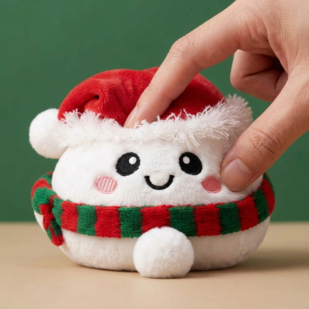 Snowman Dumpling Squishy Plush being squeezed, soft slow-rise foam