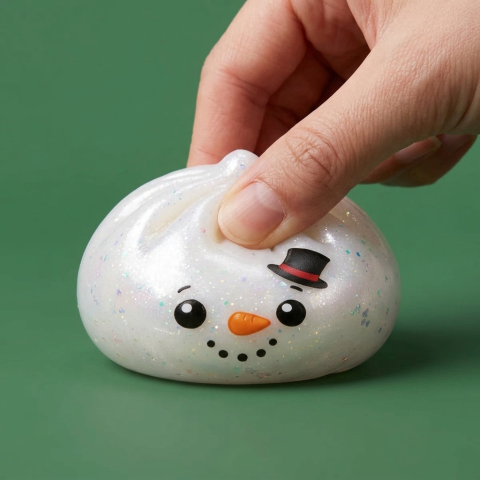 Glitter Snowman Dumpling Squishy being squeezed, soft slow-rise foam