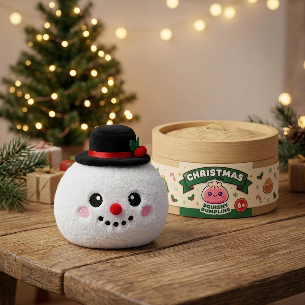 Top Hat Snowman Dumpling Squishy Plush in its kawaii setting
