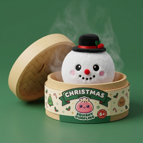 Top Hat Snowman Dumpling Squishy Plush in its bamboo steamer box