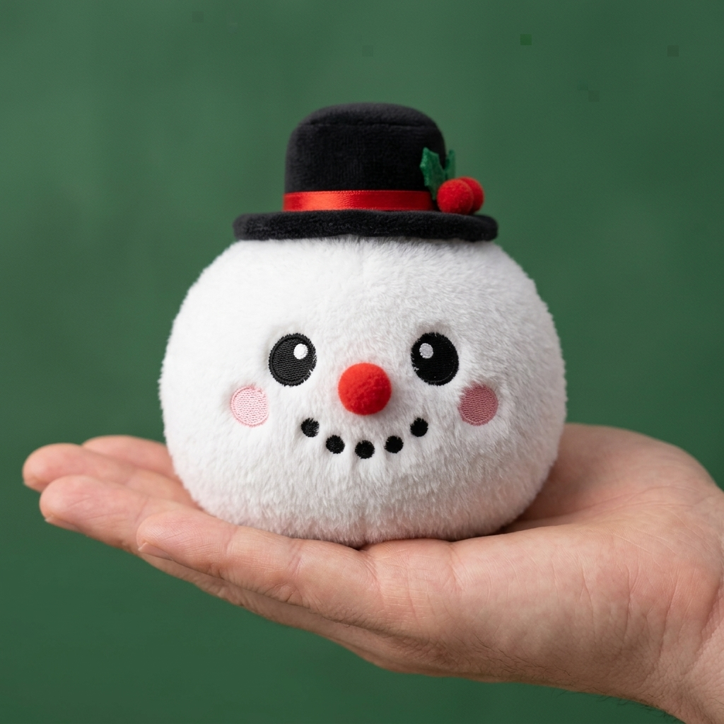 Top Hat Snowman Dumpling Squishy Plush held in hand, actual size