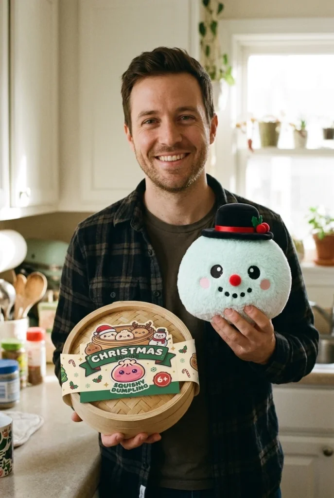 Top Hat Snowman Dumpling Squishy Plush with its box