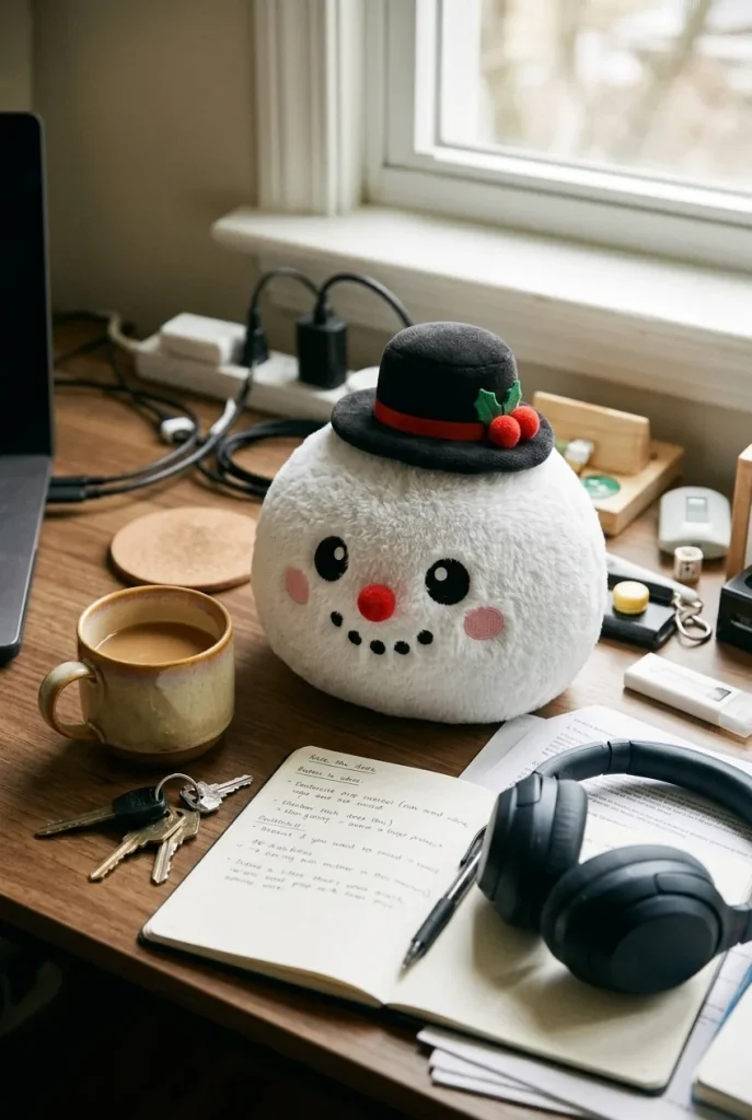 Top Hat Snowman Dumpling Squishy Plush on the desk