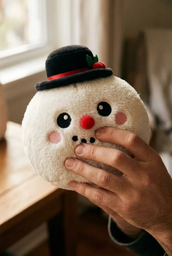 Top Hat Snowman Dumpling Squishy Plush mid-squish