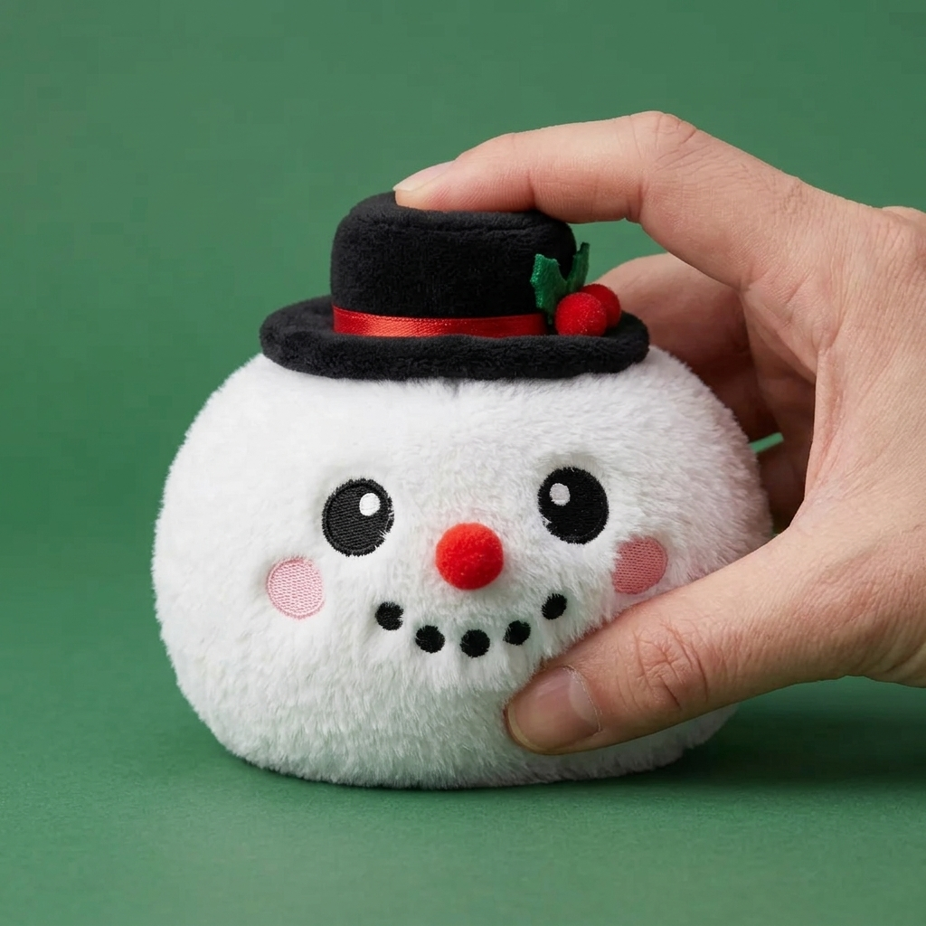 Top Hat Snowman Dumpling Squishy Plush being squeezed, soft slow-rise foam