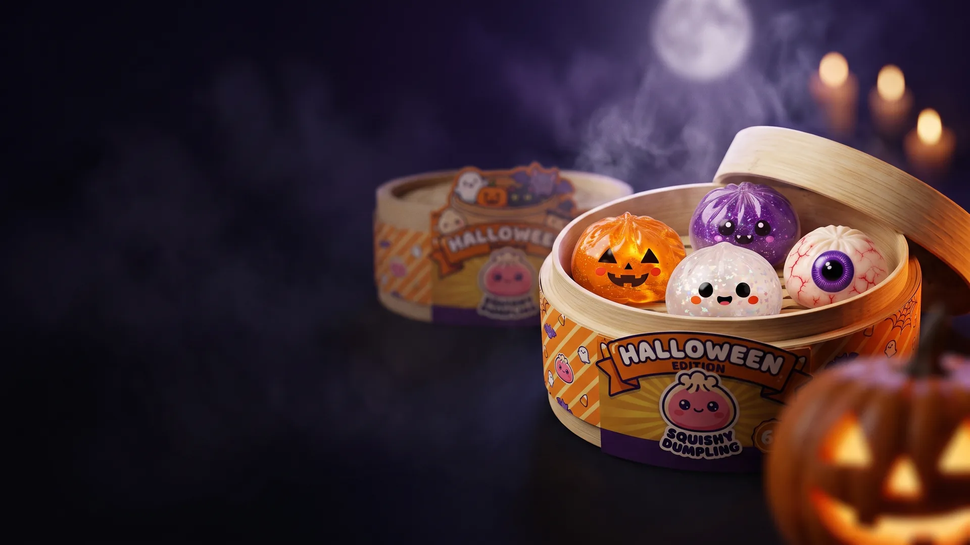 Halloween squishies in their steamer baskets, among pumpkins and candles